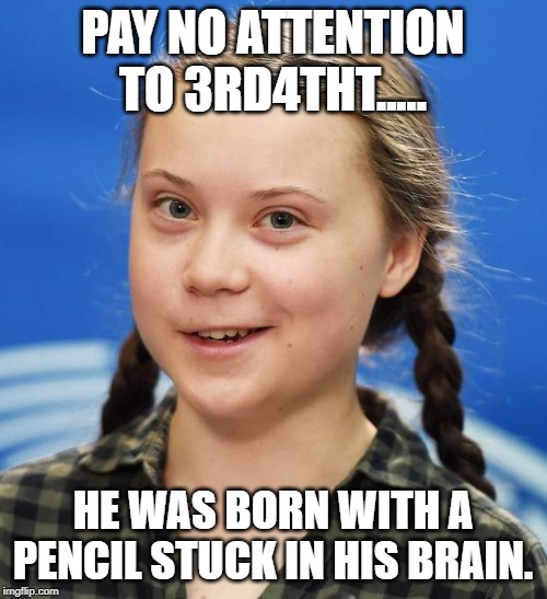 Greta Thunberg | PAY NO ATTENTION TO 3RD4THT..... HE WAS BORN WITH A PENCIL STUCK IN HIS BRAIN. | image tagged in greta thunberg | made w/ Imgflip meme maker