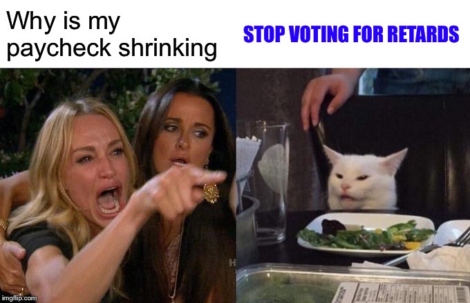 Woman Yelling At Cat Meme | Why is my paycheck shrinking STOP VOTING FOR RETARDS | image tagged in memes,woman yelling at cat | made w/ Imgflip meme maker