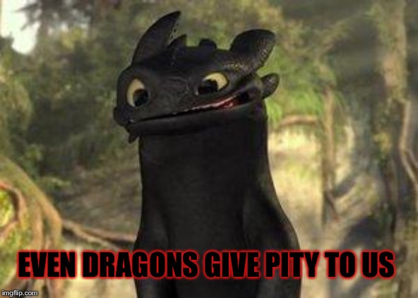 Toothless | EVEN DRAGONS GIVE PITY TO US | image tagged in toothless | made w/ Imgflip meme maker