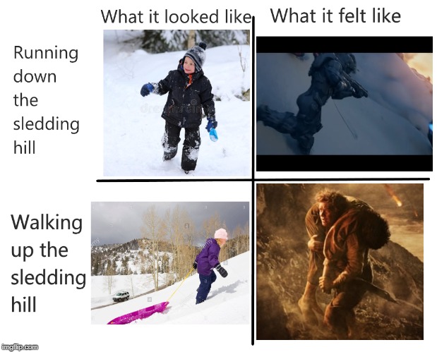 Walking up the hill sometimes felt like an impossible task. | image tagged in halo,halo 5,lord of the rings,sledding | made w/ Imgflip meme maker