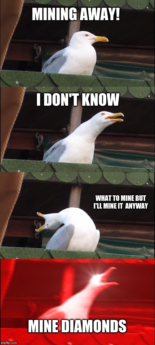 Inhaling Seagull | MINING AWAY! I DON'T KNOW; WHAT TO MINE BUT I'LL MINE IT  ANYWAY; MINE DIAMONDS | image tagged in memes,inhaling seagull | made w/ Imgflip meme maker