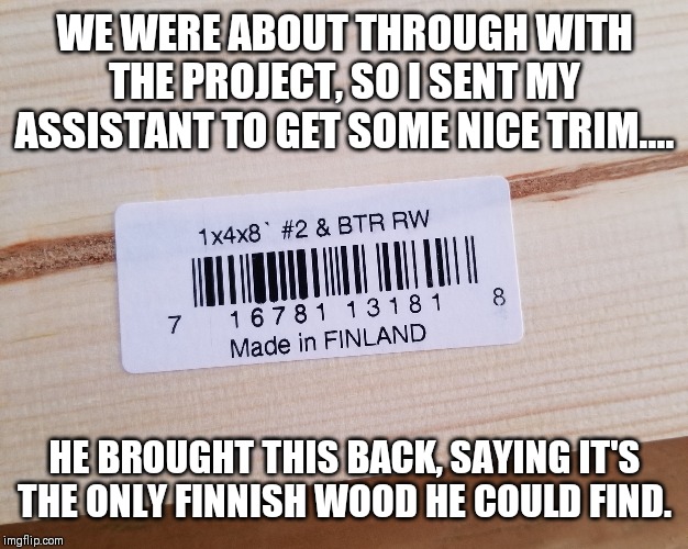 Not exactly the right finish wood | WE WERE ABOUT THROUGH WITH THE PROJECT, SO I SENT MY ASSISTANT TO GET SOME NICE TRIM.... HE BROUGHT THIS BACK, SAYING IT'S THE ONLY FINNISH WOOD HE COULD FIND. | image tagged in meme,original meme,wood,memes in real life,funny meme,bad memes | made w/ Imgflip meme maker