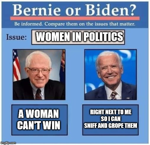 Bernie or Biden | WOMEN IN POLITICS; RIGHT NEXT TO ME
SO I CAN SNIFF AND GROPE THEM; A WOMAN CAN'T WIN | image tagged in bernie or biden,memes | made w/ Imgflip meme maker
