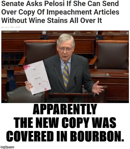 APPARENTLY THE NEW COPY WAS COVERED IN BOURBON. | image tagged in blank white template,pelosi is a drunk,alcoholic,impeachment stains,nancy is the best | made w/ Imgflip meme maker