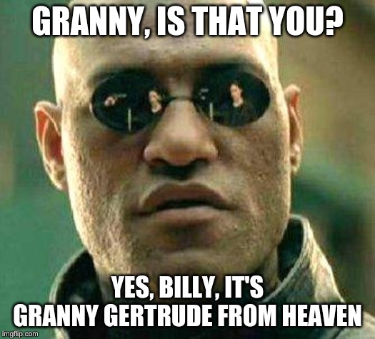 What if i told you | GRANNY, IS THAT YOU? YES, BILLY, IT'S GRANNY GERTRUDE FROM HEAVEN | image tagged in what if i told you | made w/ Imgflip meme maker