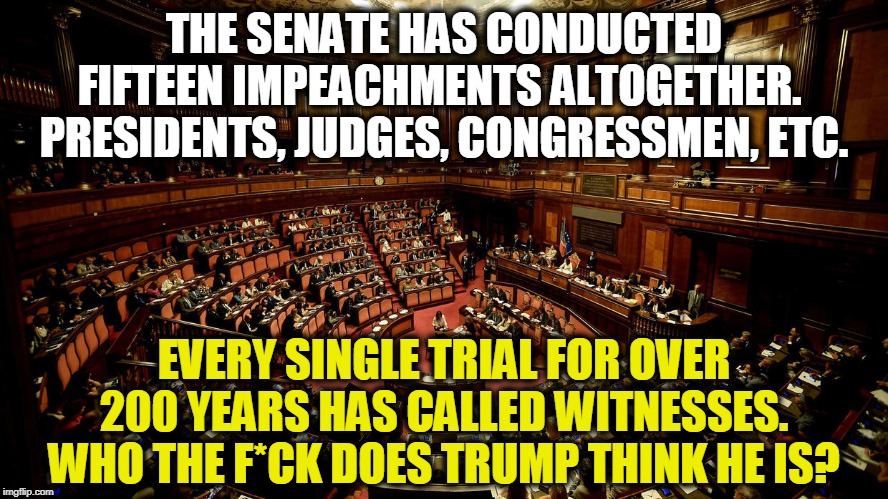 If witnesses are not allowed, that'll be the first time since our independence from Britain. That's evidence of a cover up. | THE SENATE HAS CONDUCTED FIFTEEN IMPEACHMENTS ALTOGETHER. 
PRESIDENTS, JUDGES, CONGRESSMEN, ETC. EVERY SINGLE TRIAL FOR OVER 200 YEARS HAS CALLED WITNESSES.
WHO THE F*CK DOES TRUMP THINK HE IS? | image tagged in trump,impeachment,senate,witnesses,mitch mcconnell,cover up | made w/ Imgflip meme maker