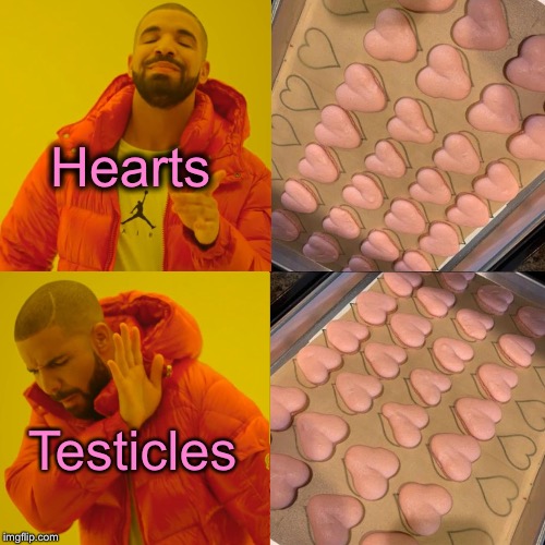 Not sure if Cookie Monster would want these. | Hearts; Testicles | image tagged in memes,drake hotline bling,cookies,funny | made w/ Imgflip meme maker