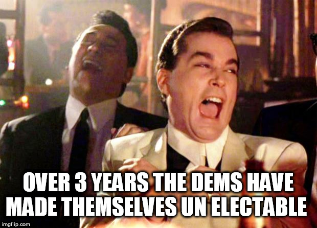 Goodfellas Laugh | OVER 3 YEARS THE DEMS HAVE MADE THEMSELVES UN ELECTABLE | image tagged in goodfellas laugh | made w/ Imgflip meme maker