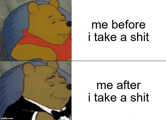 Tuxedo Winnie The Pooh Meme | me before i take a shit; me after i take a shit | image tagged in memes,tuxedo winnie the pooh | made w/ Imgflip meme maker