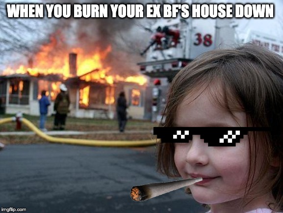 Disaster Girl Meme | WHEN YOU BURN YOUR EX BF'S HOUSE DOWN | image tagged in memes,disaster girl | made w/ Imgflip meme maker