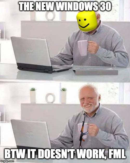 Hide the Pain Harold Meme | THE NEW WINDOWS 30; BTW IT DOESN'T WORK, FML | image tagged in memes,hide the pain harold | made w/ Imgflip meme maker