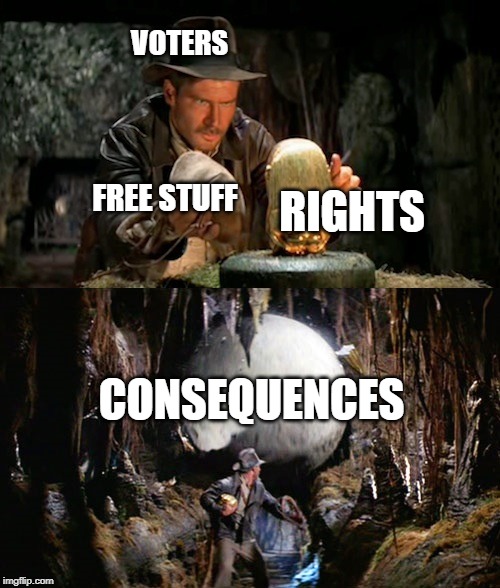Sells your right gets you fascism. | FREE STUFF RIGHTS VOTERS CONSEQUENCES | image tagged in indiana jones idol  boulder | made w/ Imgflip meme maker
