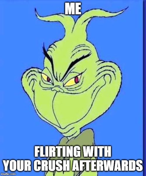 Good Grinch | ME FLIRTING WITH YOUR CRUSH AFTERWARDS | image tagged in good grinch | made w/ Imgflip meme maker