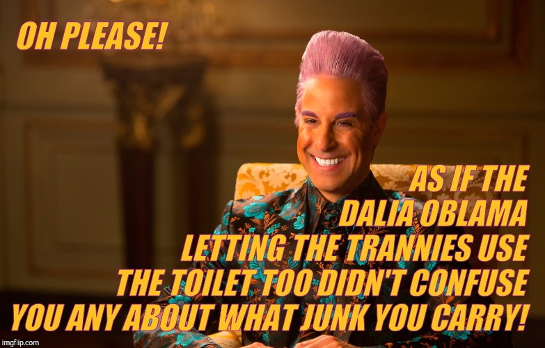 Caesar Flickerman (Stanley Tucci) | OH PLEASE! AS IF THE                  DALIA OBLAMA    LETTING THE TRANNIES USE THE TOILET TOO DIDN'T CONFUSE YOU ANY ABOUT WHAT JUNK YOU CAR | image tagged in caesar flickerman stanley tucci | made w/ Imgflip meme maker