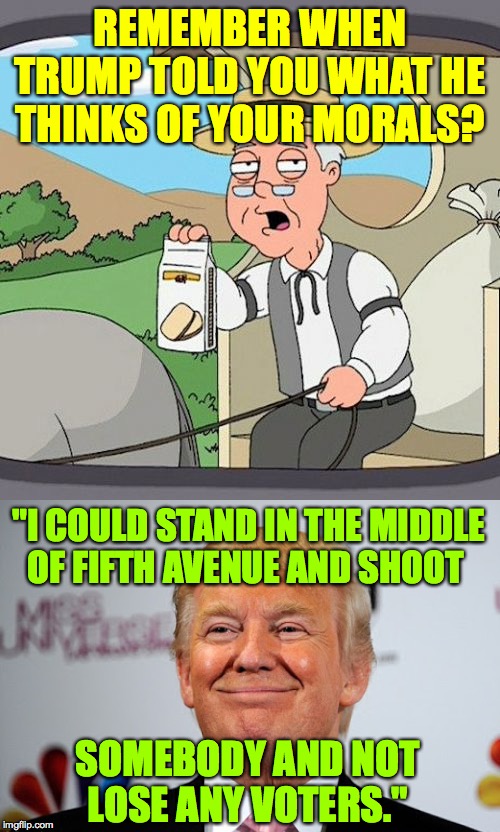 Donald Trump approves. | REMEMBER WHEN TRUMP TOLD YOU WHAT HE THINKS OF YOUR MORALS? "I COULD STAND IN THE MIDDLE
OF FIFTH AVENUE AND SHOOT; SOMEBODY AND NOT
LOSE ANY VOTERS." | image tagged in memes,pepperidge farm remembers,donald trump approves,is he right | made w/ Imgflip meme maker