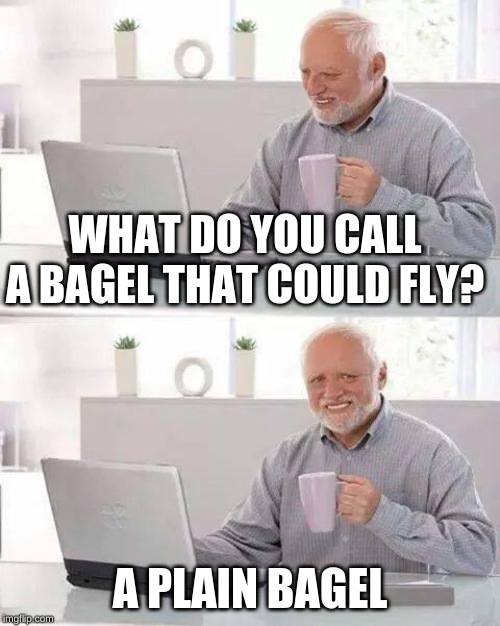 Hide the Pain Harold Meme | WHAT DO YOU CALL A BAGEL THAT COULD FLY? A PLAIN BAGEL | image tagged in memes,hide the pain harold | made w/ Imgflip meme maker