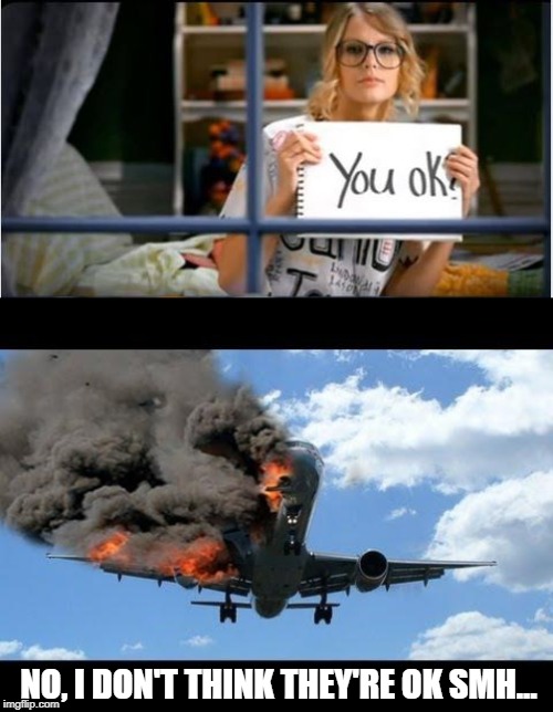 Crash n Burn | NO, I DON'T THINK THEY'RE OK SMH... | image tagged in plane crash,you ok taylor swift | made w/ Imgflip meme maker