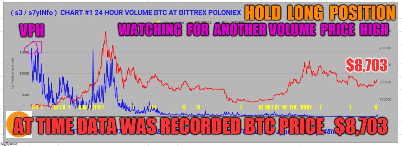 HOLD  LONG  POSITION; WATCHING  FOR  ANOTHER VOLUME  PRICE  HIGH; VPH; $8,703; AT TIME DATA WAS RECORDED BTC PRICE   $8,703 | made w/ Imgflip meme maker