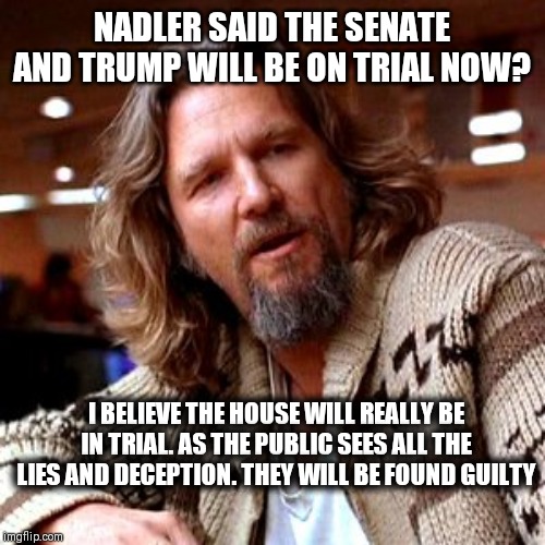 Confused Lebowski | NADLER SAID THE SENATE AND TRUMP WILL BE ON TRIAL NOW? I BELIEVE THE HOUSE WILL REALLY BE IN TRIAL. AS THE PUBLIC SEES ALL THE LIES AND DECEPTION. THEY WILL BE FOUND GUILTY | image tagged in memes,confused lebowski | made w/ Imgflip meme maker