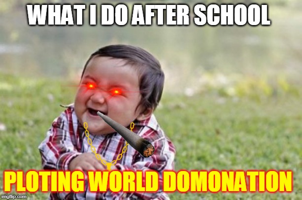 Evil Toddler Meme | WHAT I DO AFTER SCHOOL; PLOTING WORLD DOMONATION | image tagged in memes,evil toddler | made w/ Imgflip meme maker