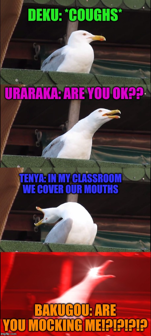 Everyday BNHA | DEKU: *COUGHS*; URARAKA: ARE YOU OK?? TENYA: IN MY CLASSROOM WE COVER OUR MOUTHS; BAKUGOU: ARE YOU MOCKING ME!?!?!?!? | image tagged in memes,inhaling seagull,my hero academia | made w/ Imgflip meme maker