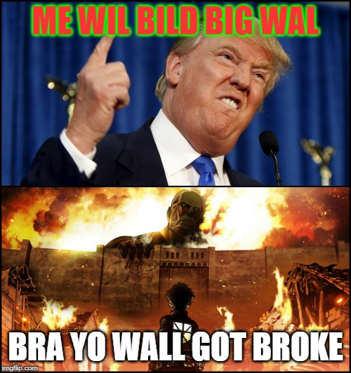 Donald Trump's wall VS. Attack on Titan | ME WIL BILD BIG WAL; BRA YO WALL GOT BROKE | image tagged in donald trump's wall vs attack on titan | made w/ Imgflip meme maker