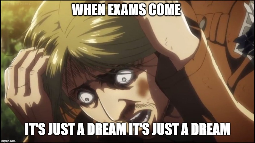 Scared Mike AOT | WHEN EXAMS COME; IT'S JUST A DREAM IT'S JUST A DREAM | image tagged in scared mike aot | made w/ Imgflip meme maker