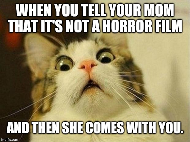 Scared Cat Meme | WHEN YOU TELL YOUR MOM THAT IT'S NOT A HORROR FILM; AND THEN SHE COMES WITH YOU. | image tagged in memes,scared cat | made w/ Imgflip meme maker