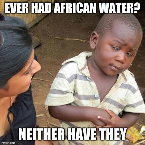 Third World Skeptical Kid | EVER HAD AFRICAN WATER? NEITHER HAVE THEY | image tagged in memes,third world skeptical kid | made w/ Imgflip meme maker