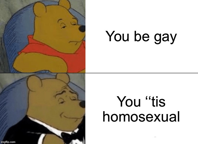 Tuxedo Winnie The Pooh Meme | You be gay; You ‘‘tis homosexual | image tagged in memes,tuxedo winnie the pooh | made w/ Imgflip meme maker