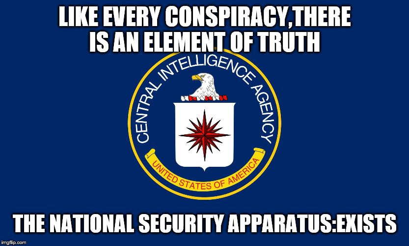 Central Intelligence Agency CIA | LIKE EVERY CONSPIRACY,THERE IS AN ELEMENT OF TRUTH THE NATIONAL SECURITY APPARATUS:EXISTS | image tagged in central intelligence agency cia | made w/ Imgflip meme maker