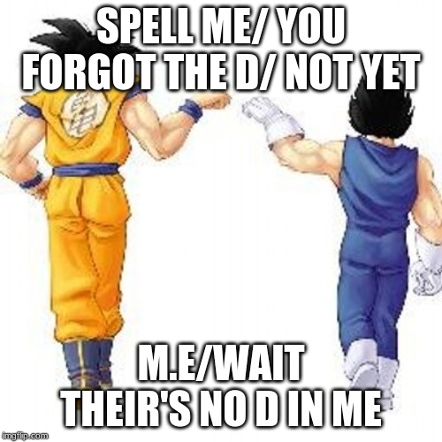 Dragon ball z bros | SPELL ME/ YOU FORGOT THE D/ NOT YET; M.E/WAIT THEIR'S NO D IN ME | image tagged in dragon ball z bros | made w/ Imgflip meme maker
