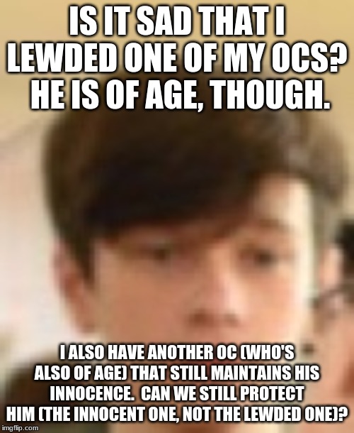 I Want to Protect My One OC From Lewding.  Is That Possible? | IS IT SAD THAT I LEWDED ONE OF MY OCS?  HE IS OF AGE, THOUGH. I ALSO HAVE ANOTHER OC (WHO'S ALSO OF AGE) THAT STILL MAINTAINS HIS INNOCENCE.  CAN WE STILL PROTECT HIM (THE INNOCENT ONE, NOT THE LEWDED ONE)? | image tagged in blank face,is it sad,memes,lewd,original character,innocence | made w/ Imgflip meme maker