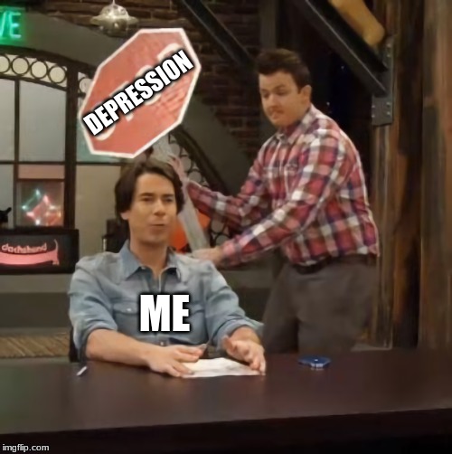 Gibby hitting Spencer with a stop sign v2 | DEPRESSION; ME | image tagged in gibby hitting spencer with a stop sign v2 | made w/ Imgflip meme maker