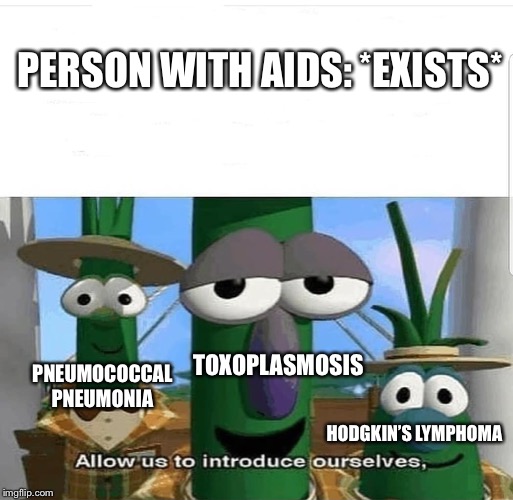 Allow us to introduce ourselves | PERSON WITH AIDS: *EXISTS*; PNEUMOCOCCAL PNEUMONIA; TOXOPLASMOSIS; HODGKIN’S LYMPHOMA | image tagged in allow us to introduce ourselves | made w/ Imgflip meme maker