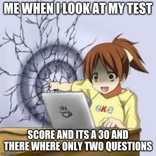 Anime wall punch | ME WHEN I LOOK AT MY TEST; SCORE AND ITS A 30 AND THERE WHERE ONLY TWO QUESTIONS | image tagged in anime wall punch | made w/ Imgflip meme maker