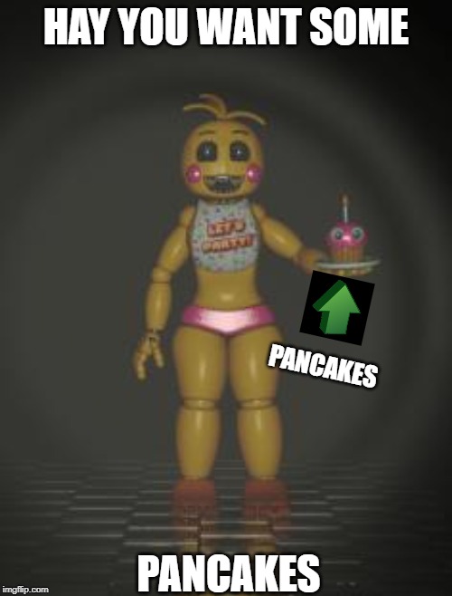 Chica from fnaf 2 | HAY YOU WANT SOME; PANCAKES; PANCAKES | image tagged in chica from fnaf 2 | made w/ Imgflip meme maker