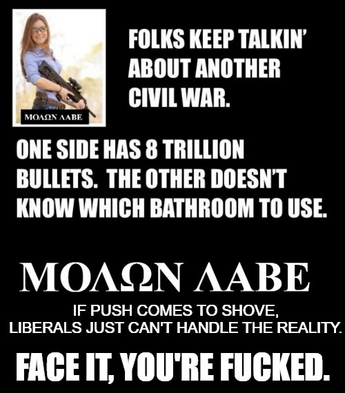 If push comes to shove, Liberals just can't handle the reality | image tagged in sjw triggered,civil war,revolutionary war,molon labe,were ready when you are,virginia gun ban | made w/ Imgflip meme maker