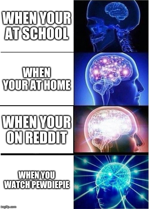 Expanding Brain Meme | WHEN YOUR AT SCHOOL; WHEN YOUR AT HOME; WHEN YOUR ON REDDIT; WHEN YOU WATCH PEWDIEPIE | image tagged in memes,expanding brain | made w/ Imgflip meme maker