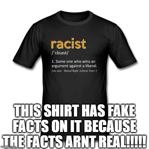 racist | THIS SHIRT HAS FAKE FACTS ON IT BECAUSE THE FACTS ARNT REAL!!!!! | image tagged in racist | made w/ Imgflip meme maker