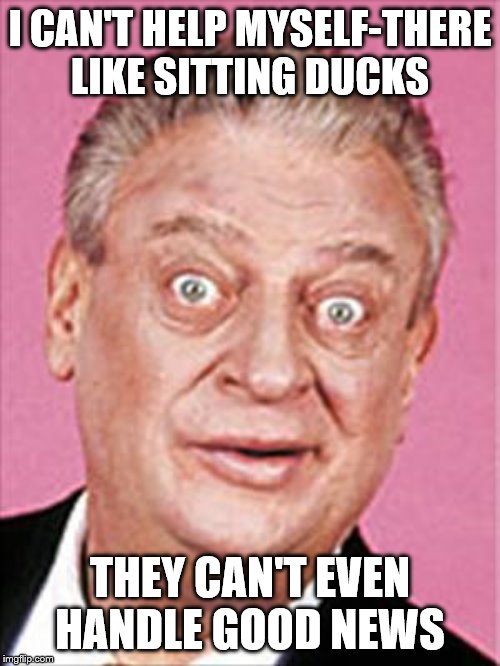 rodney dangerfield | I CAN'T HELP MYSELF-THERE LIKE SITTING DUCKS; THEY CAN'T EVEN HANDLE GOOD NEWS | image tagged in rodney dangerfield | made w/ Imgflip meme maker