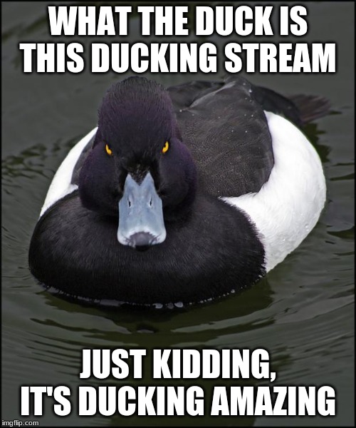 Angry duck | WHAT THE DUCK IS THIS DUCKING STREAM; JUST KIDDING, IT'S DUCKING AMAZING | image tagged in angry duck | made w/ Imgflip meme maker