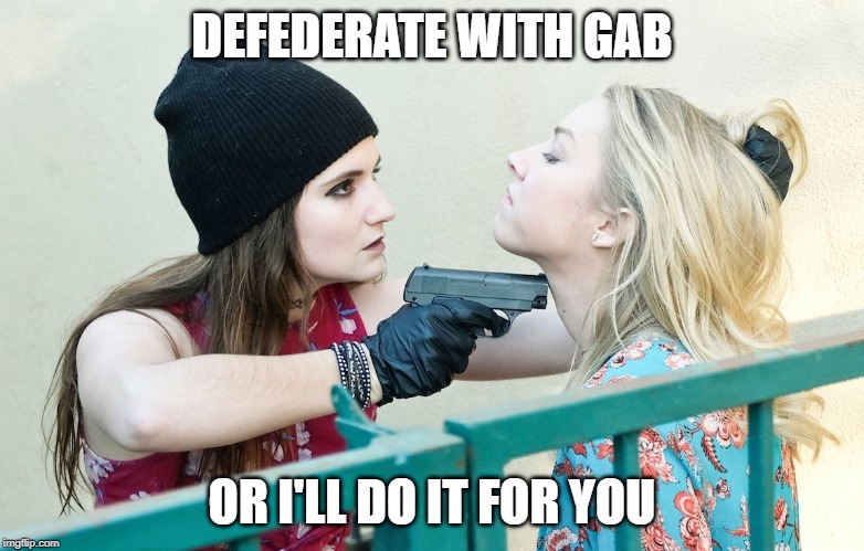 Gimme All Your X | DEFEDERATE WITH GAB; OR I'LL DO IT FOR YOU | image tagged in gimme all your x | made w/ Imgflip meme maker