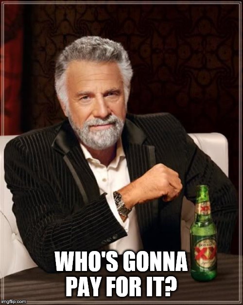 The Most Interesting Man In The World Meme | WHO'S GONNA PAY FOR IT? | image tagged in memes,the most interesting man in the world | made w/ Imgflip meme maker