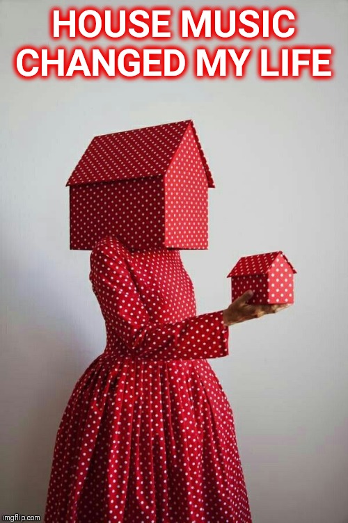 New Meaning to the term "Housewife" | HOUSE MUSIC CHANGED MY LIFE | image tagged in vince vance,house music,house head,red polka-dot dress,red polka-dot house,house in hand | made w/ Imgflip meme maker