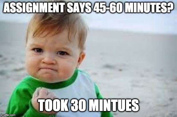 success kid | ASSIGNMENT SAYS 45-60 MINUTES? TOOK 30 MINTUES | image tagged in success kid | made w/ Imgflip meme maker