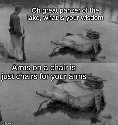 Panzer of the lake | Oh great panzer of the lake, what is your wisdom; Arms on a chair is just chairs for your arms | image tagged in panzer of the lake | made w/ Imgflip meme maker