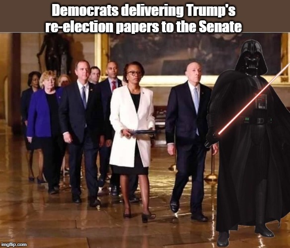 Is it in the bag now? | Democrats delivering Trump's re-election papers to the Senate | image tagged in politics,political meme,funny | made w/ Imgflip meme maker