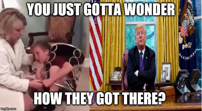 Grumpy Trumpy vs Kid in table | YOU JUST GOTTA WONDER; HOW THEY GOT THERE? | image tagged in grumpy trumpy vs kid in table | made w/ Imgflip meme maker