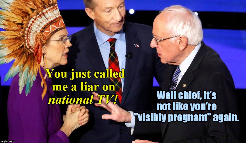 Dances With Truth angry at Bernie Sanders | Well chief, it's not like you're "visibly pregnant" again. You just called me a liar on; national TV! | image tagged in elizabeth warren,lies,confronted,democrat debate,playing the victim card,bernie sanders | made w/ Imgflip meme maker